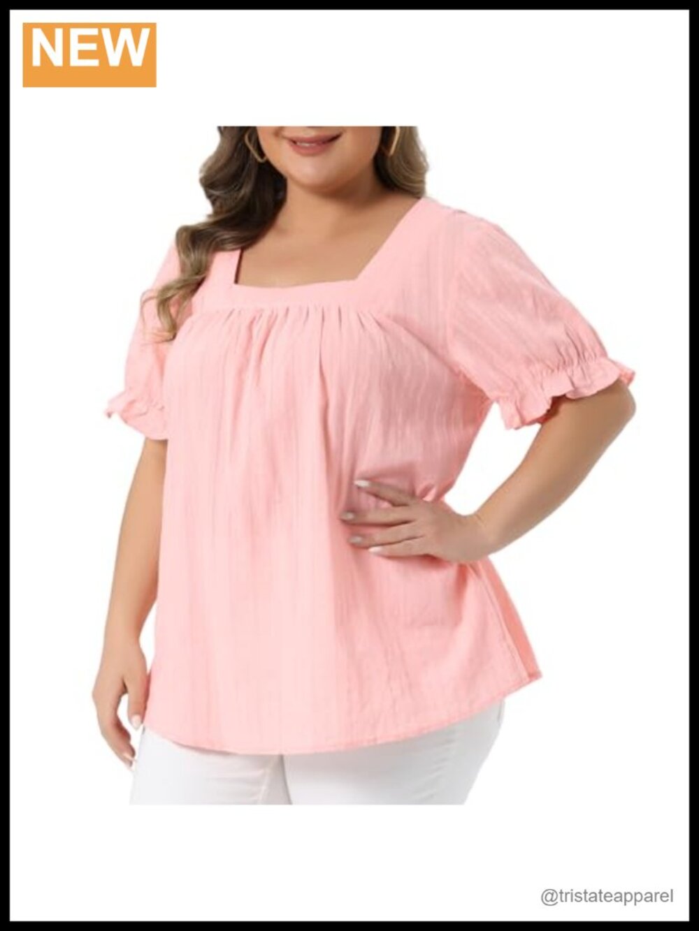 Plus Size Square Neck Ruffle Sleeve Eyelet Cotton Blouse